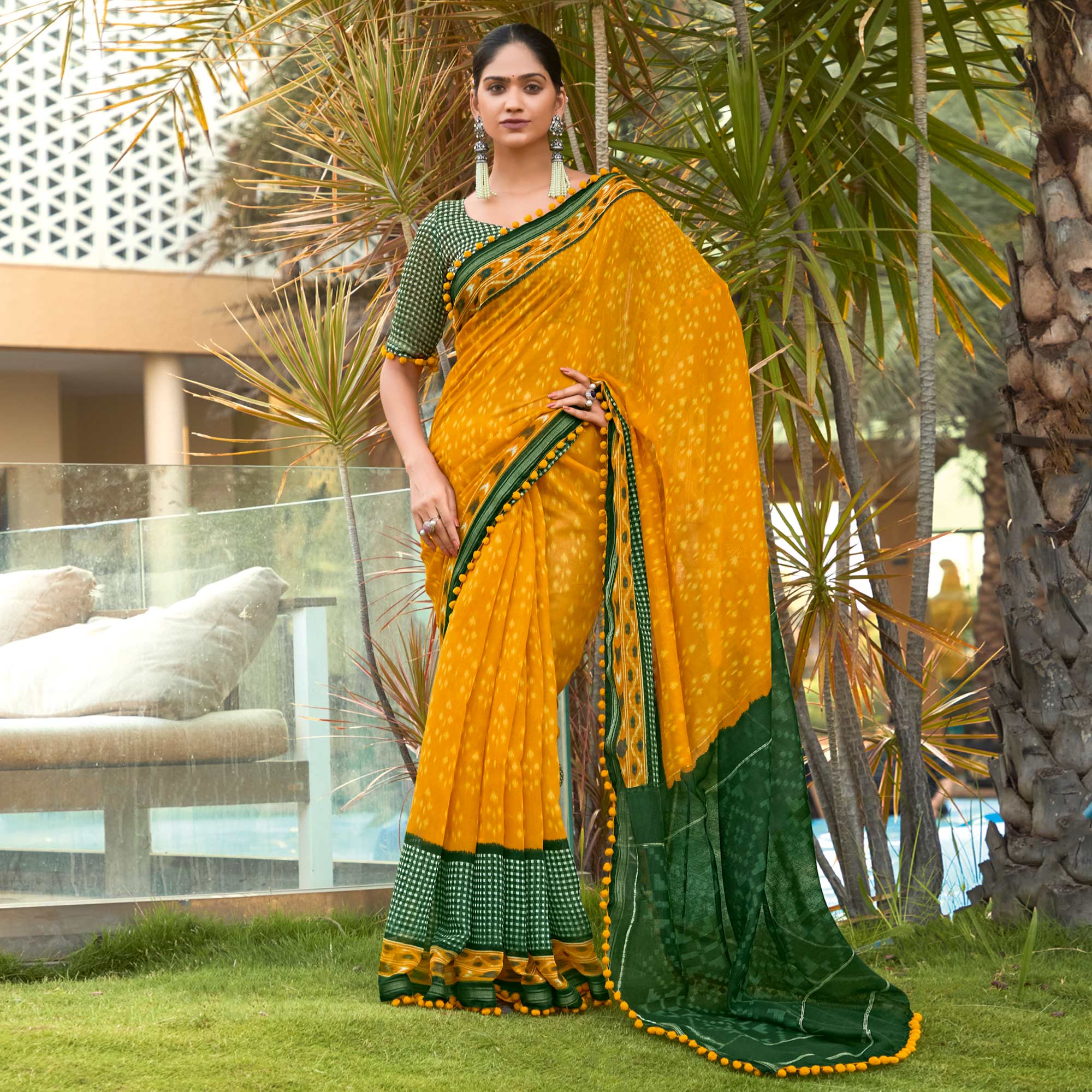Mustard Printed Pure Cotton Saree With Pum Pum Border