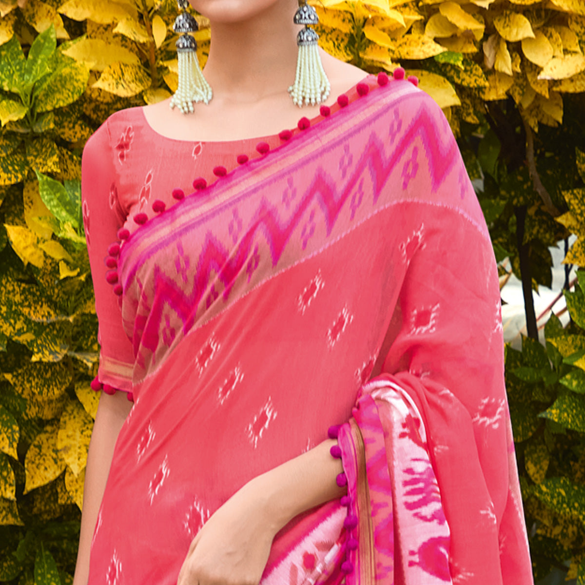 Pink Printed Pure Cotton Saree With Pum Pum Border