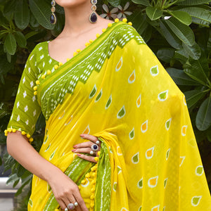 Yellow Printed Pure Cotton Saree With Pum Pum Border