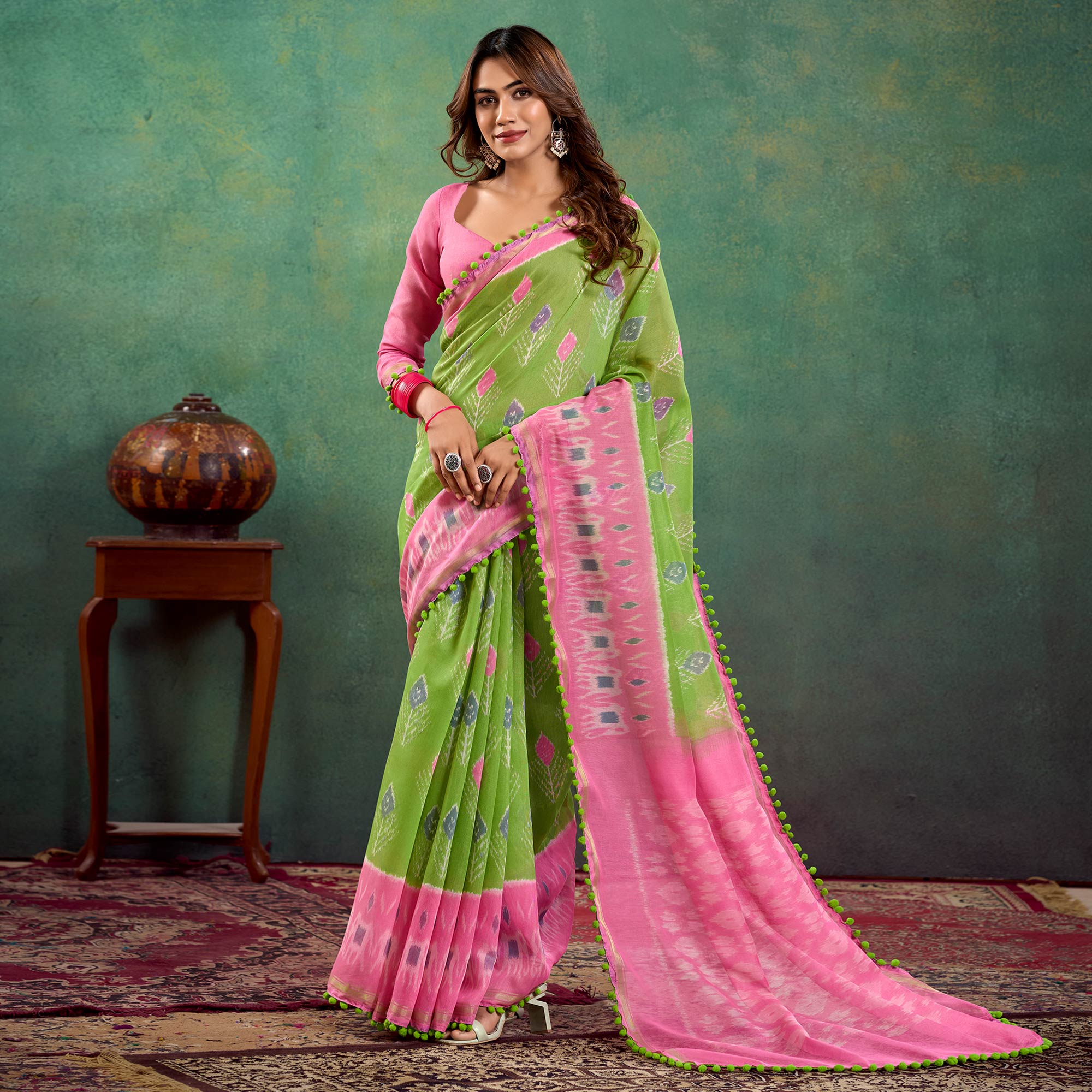 Green Ikkat Printed Mul Mul Cotton Saree