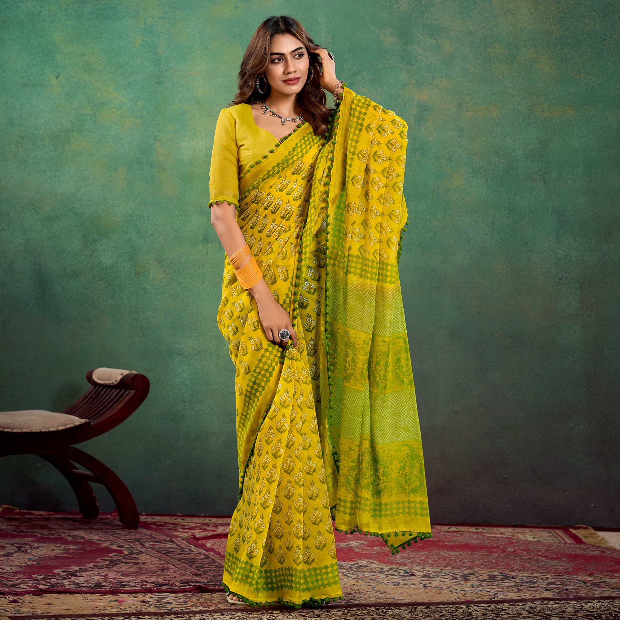 Mustard Floral Printed Mul Mul Cotton Saree