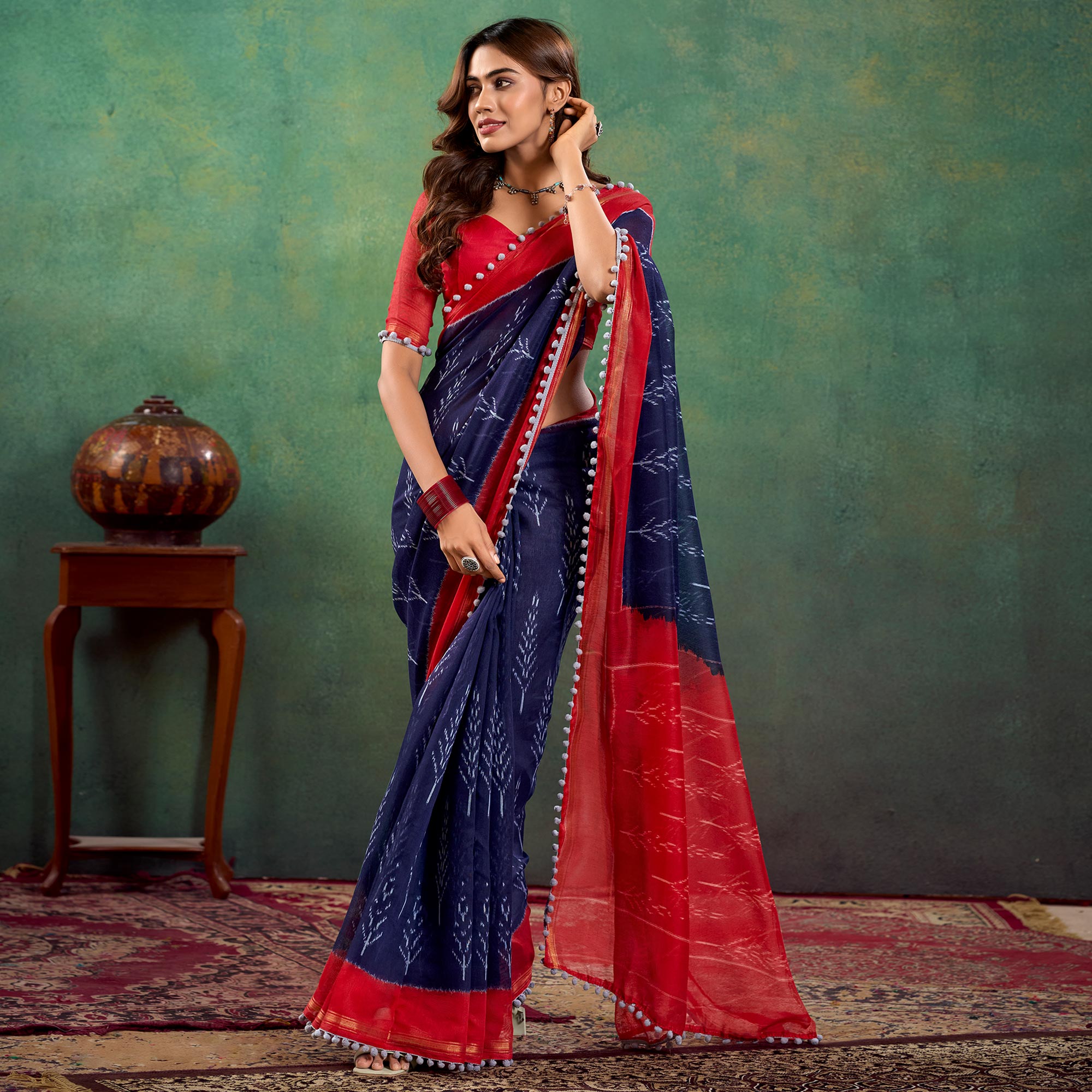 Blue Ikkat Printed Mul Mul Cotton Saree