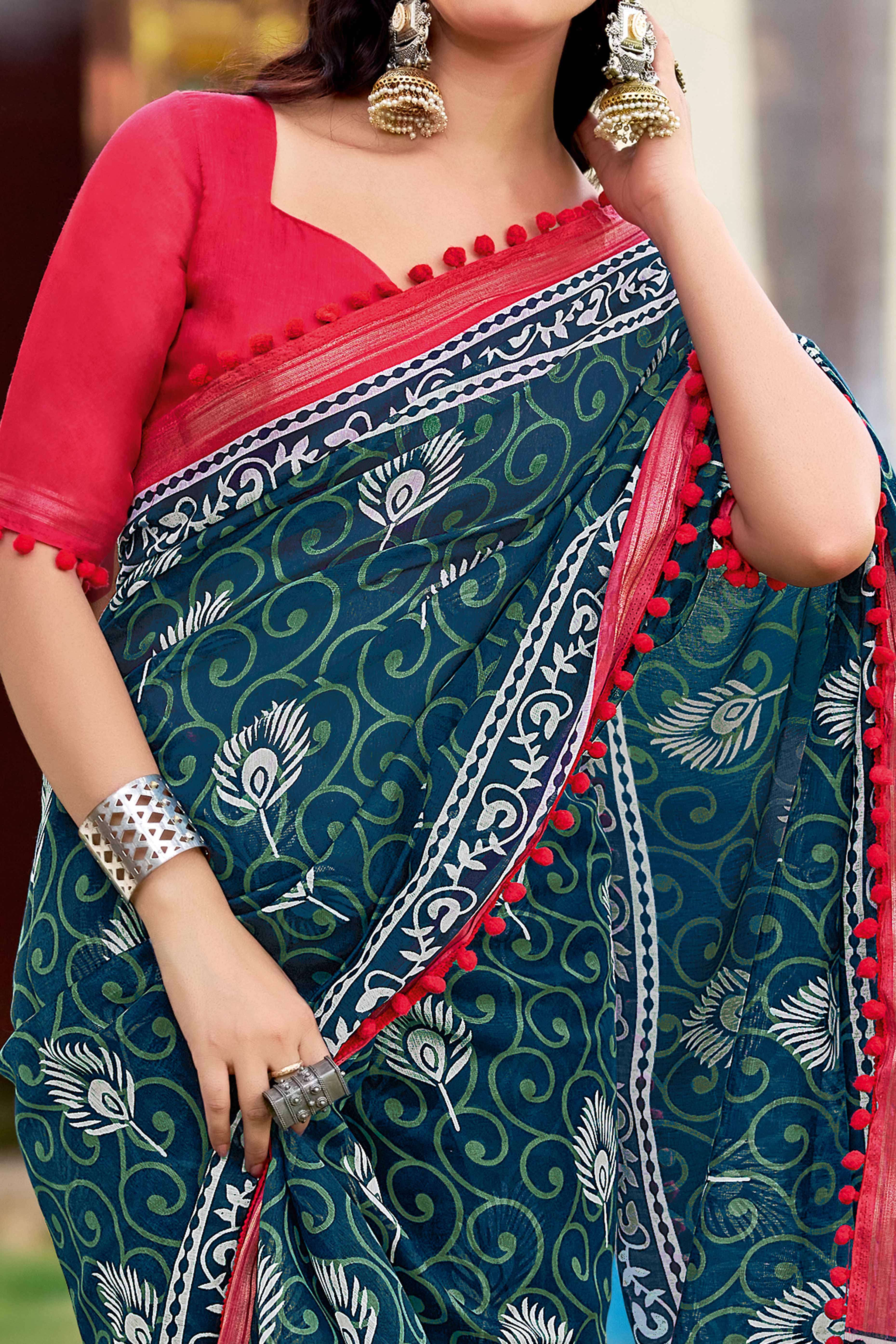 Casual Teal Floral Print Saree in Lightweight Pure Mul Cotton - Image 2