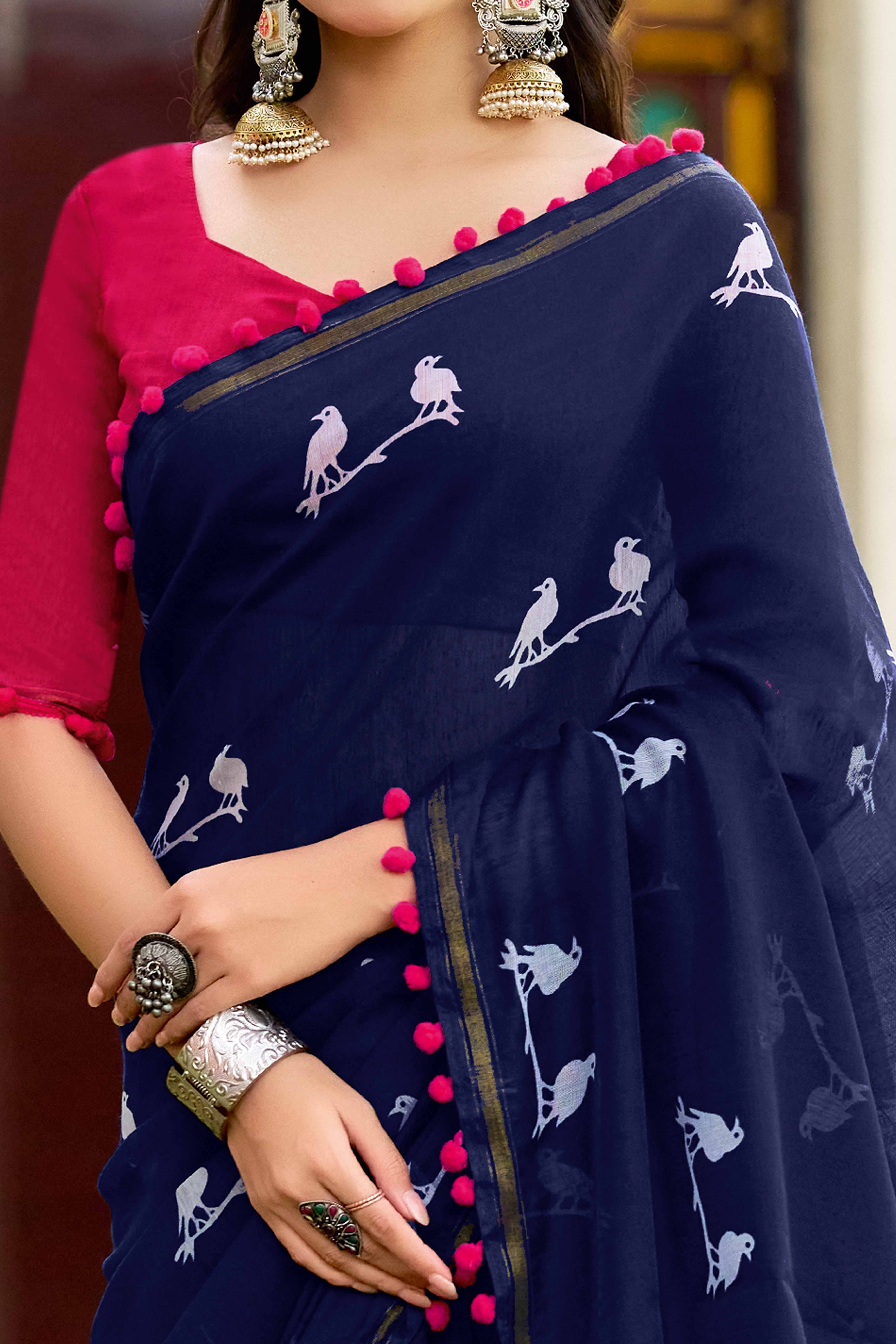 Contemporary Navy Blue Saree with Unique Abstract Patterns In Pure Cotton