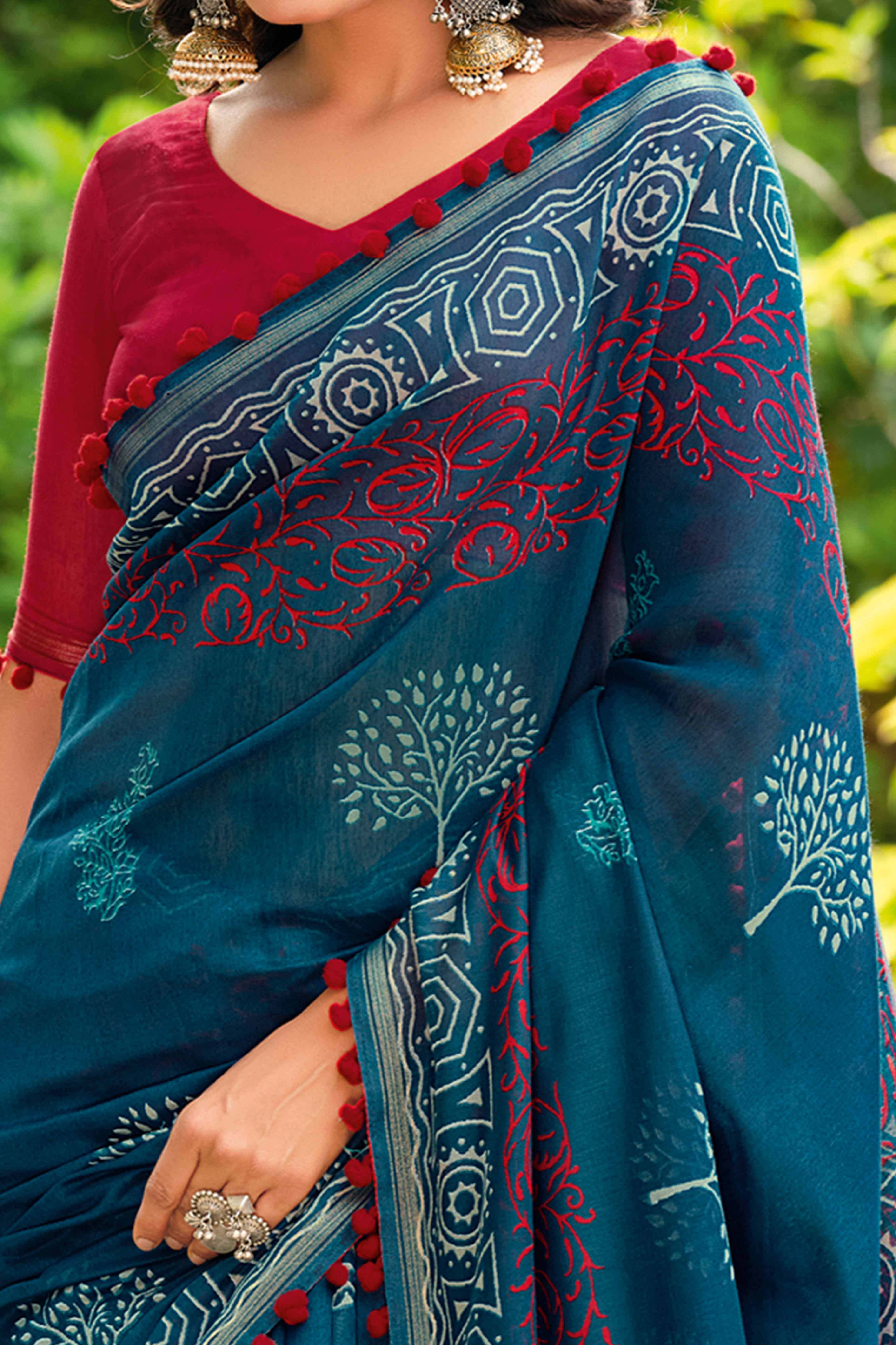 Teal Cotton Saree with Modern Abstract Prints and Feminine Lace Trim