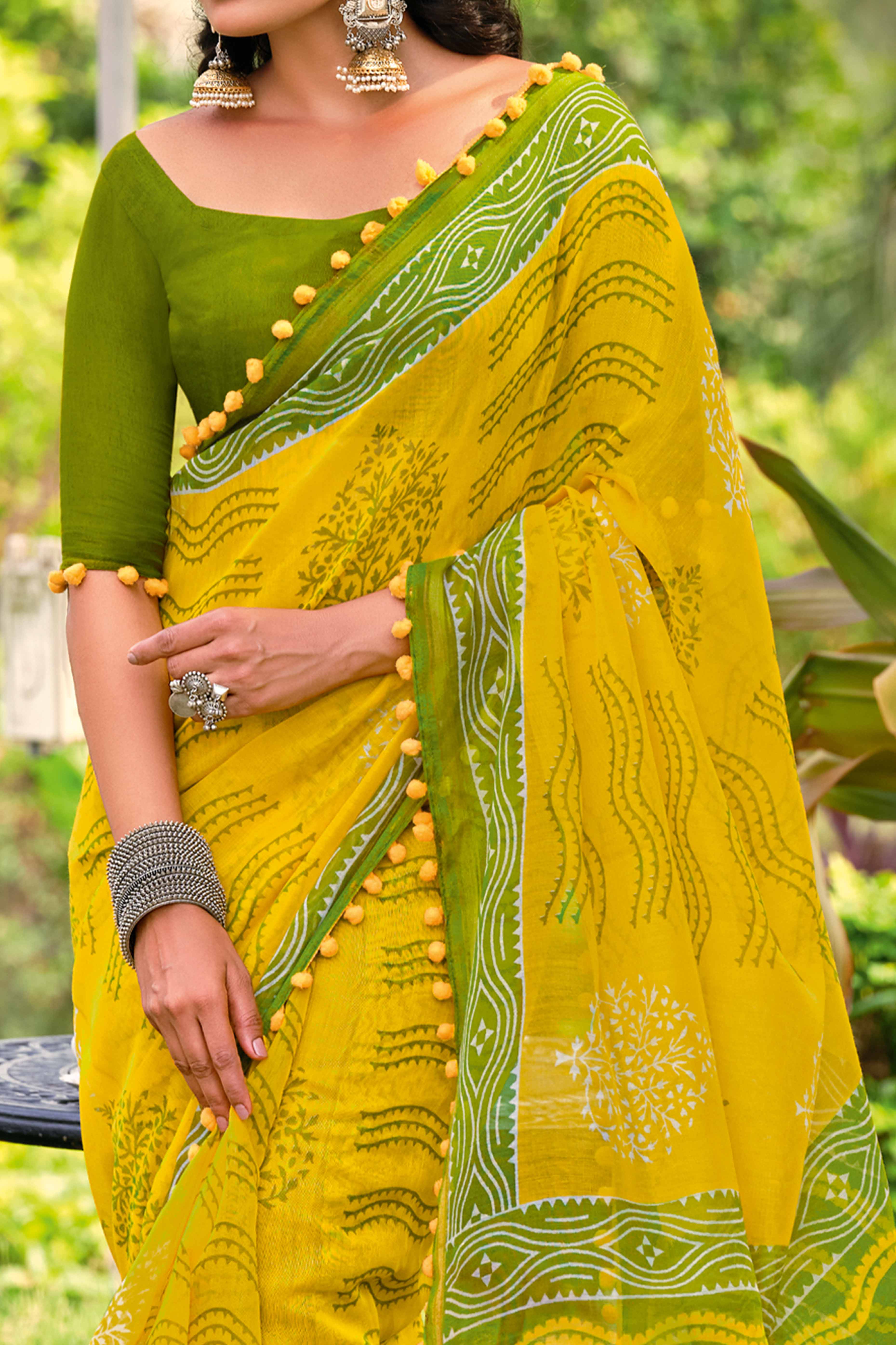 Yellow Cotton Saree with Modern Abstract Prints and Feminine Lace Trim