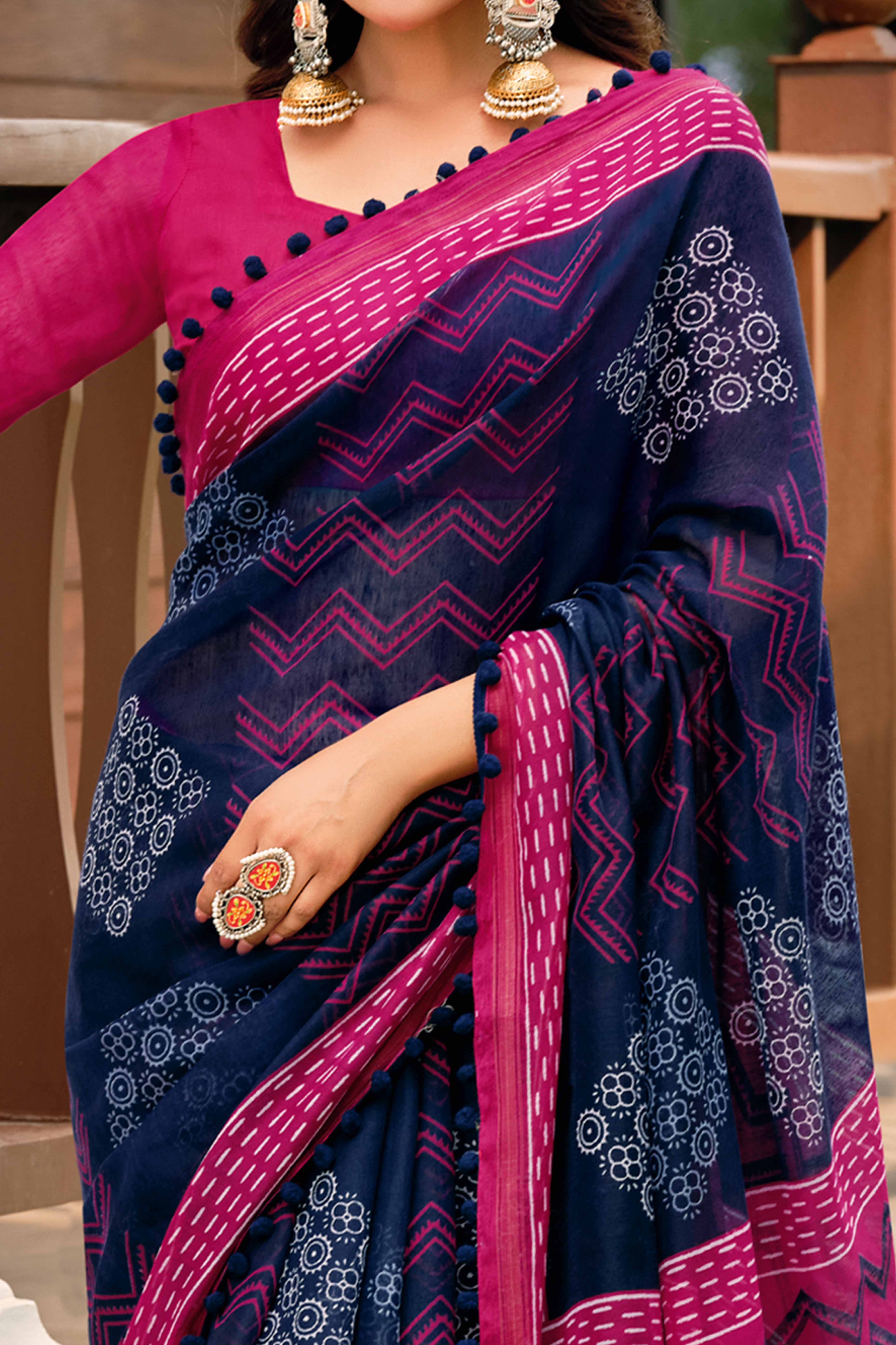Blue Cotton Saree with Modern Abstract Prints and Feminine Lace Trim