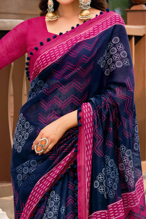 Blue Cotton Saree with Modern Abstract Prints and Feminine Lace Trim