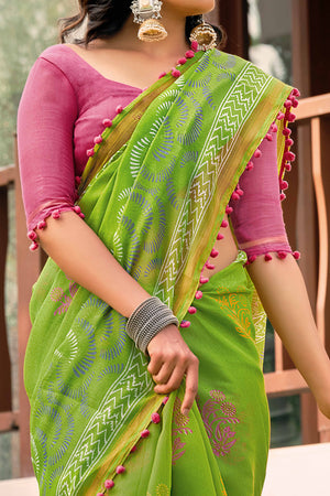 Green Cotton Saree with Modern Abstract Prints and Feminine Lace Trim