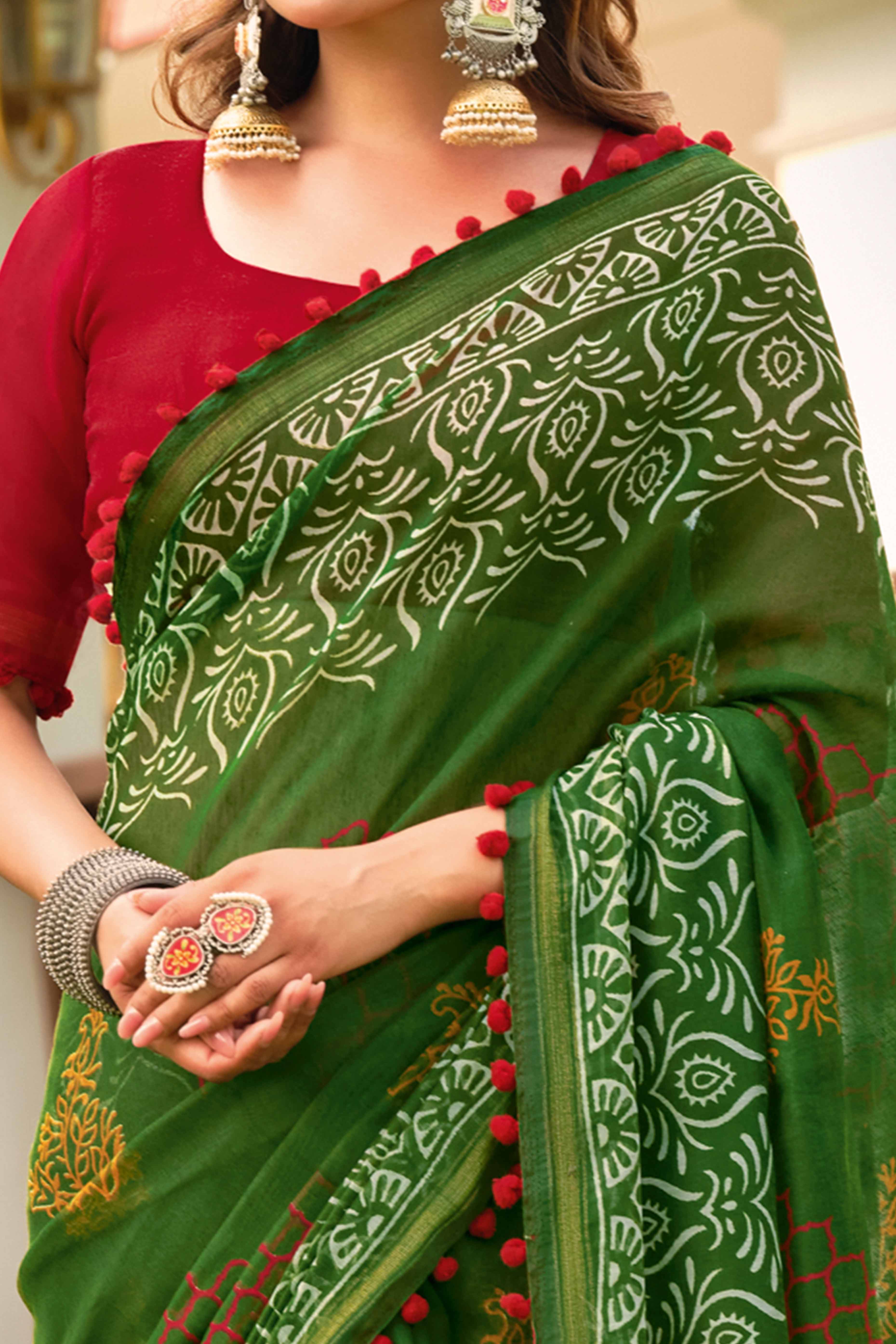 Green Cotton Saree with Modern Abstract Prints and Feminine Lace Trim