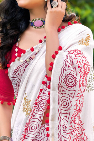 White Saree in Soft Mulmul Cotton with Abstract Motifs