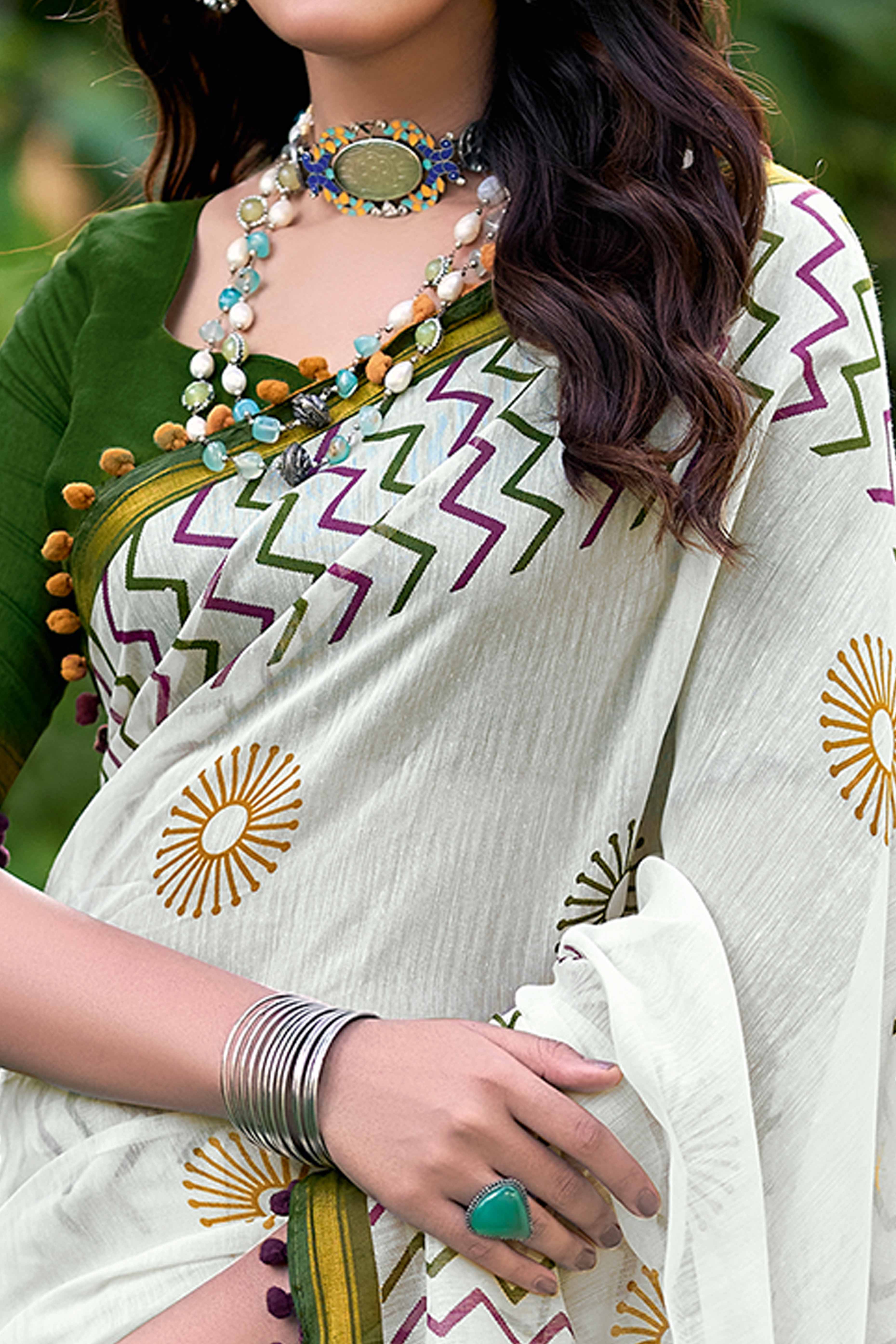 Mulmul Cotton Saree in White with Artistic Abstract Design