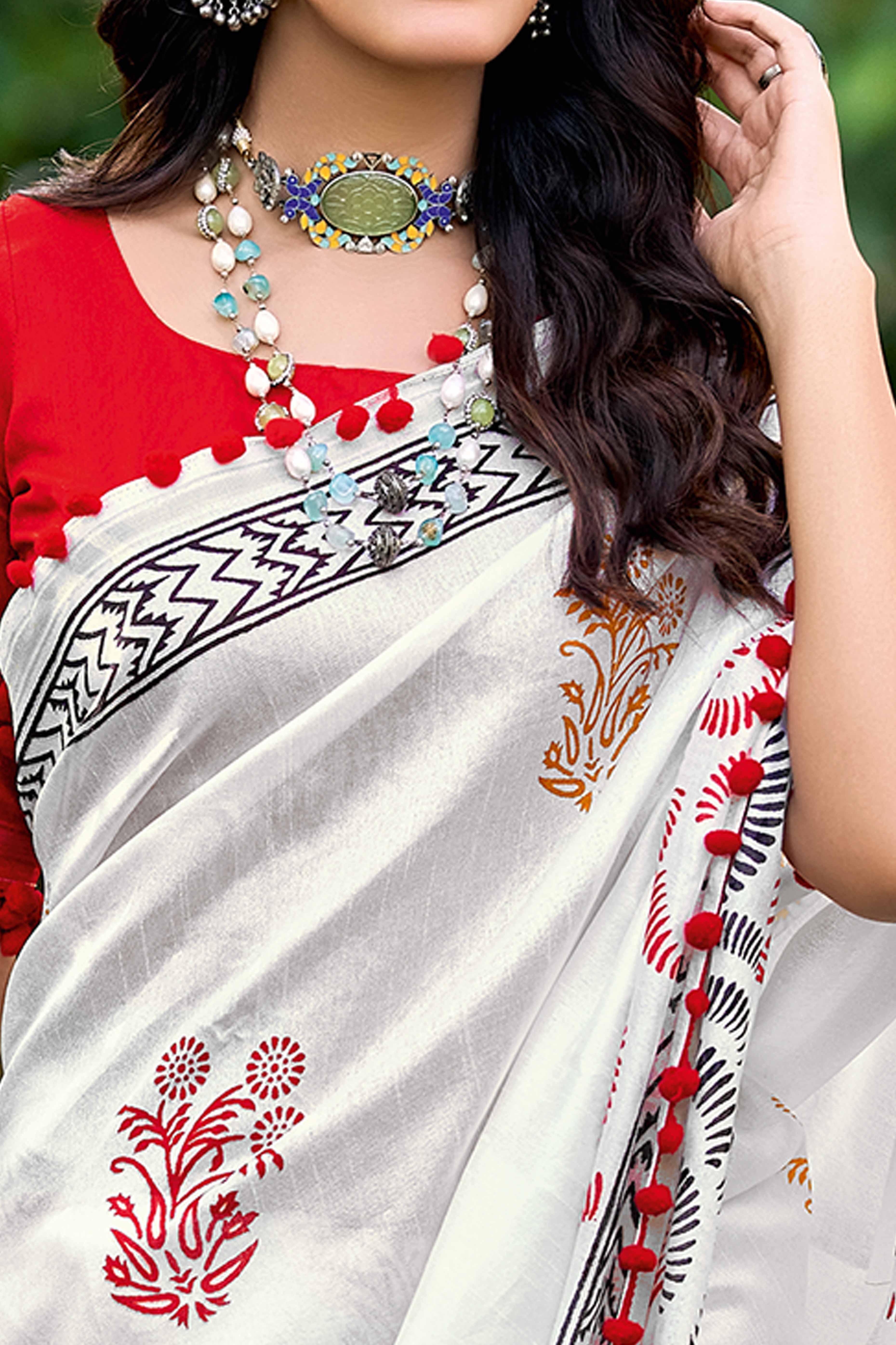 White Lightweight Mulmul Saree with Subtle Abstract Print