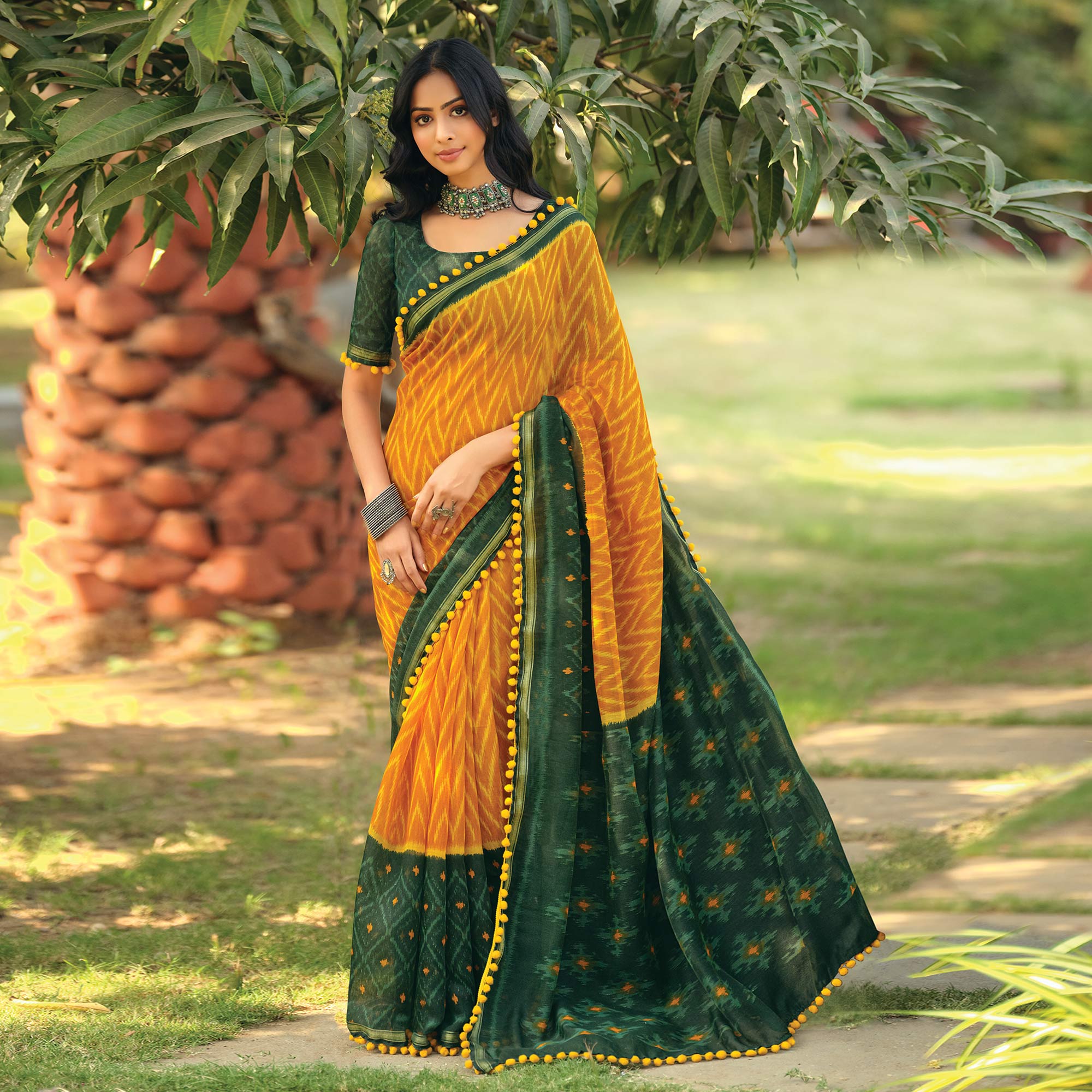 Mustard Printed Cotton Blend Saree With Pumpum Lace