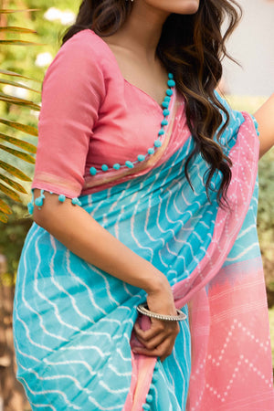 Sky Blue Printed Cotton Blend Saree With Pumpum Lace