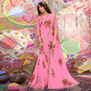 Pink Floral Printed Georgette Saree With Sequins Work Border