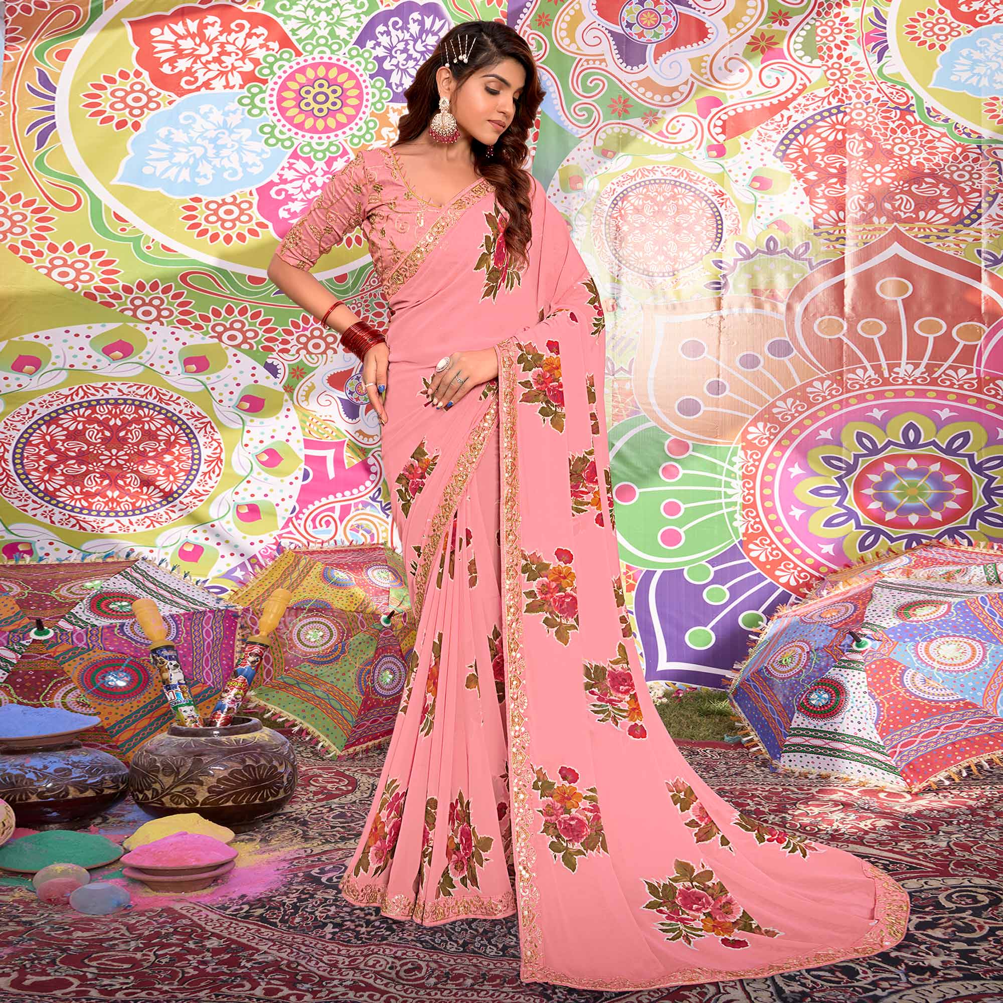 Peach Floral Printed Georgette Saree With Sequins Work Border