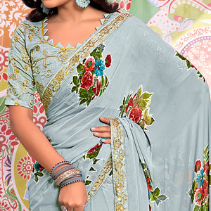 Blue Floral Printed Georgette Saree With Sequins Work Border