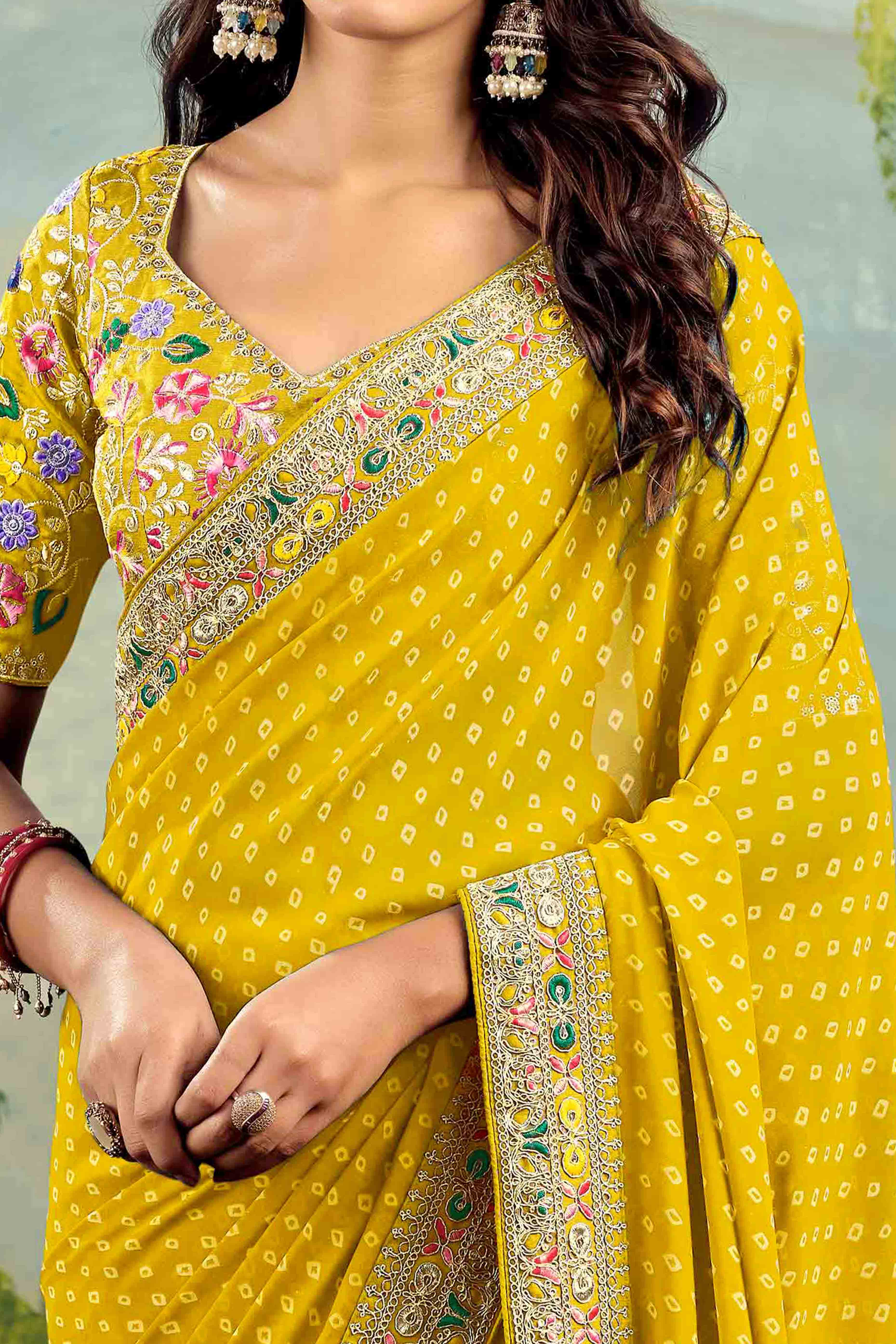 Mustard Bandhani Printed Georgette Saree With Embroidered Border