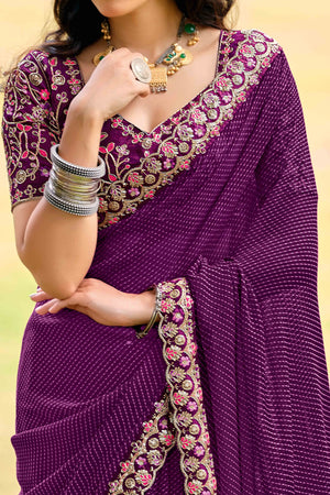Purple Striped Printed Georgette Saree With Shimmering Sequin Embroidered Border