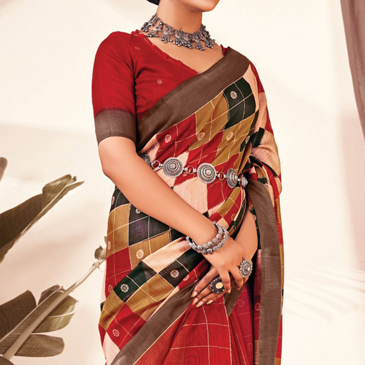 Red Checks Printed Cotton Blend Saree