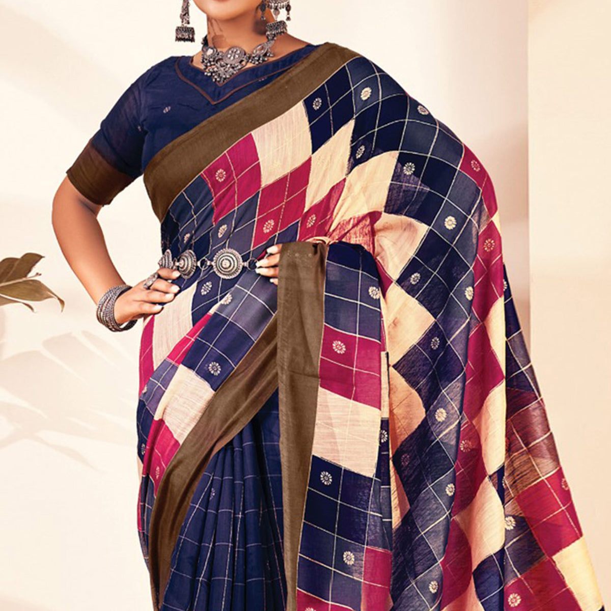 Blue Checks Printed Cotton Blend Saree