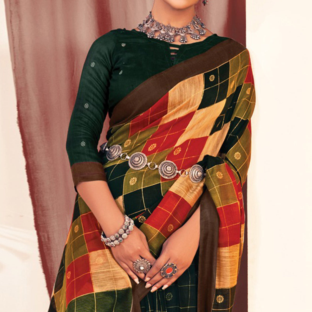 Green Checks Printed Cotton Blend Saree
