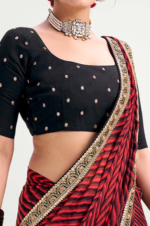 Red Striped Printed Chiffon Saree Enhanced With Sparkling Sequins Embroidered Border Work