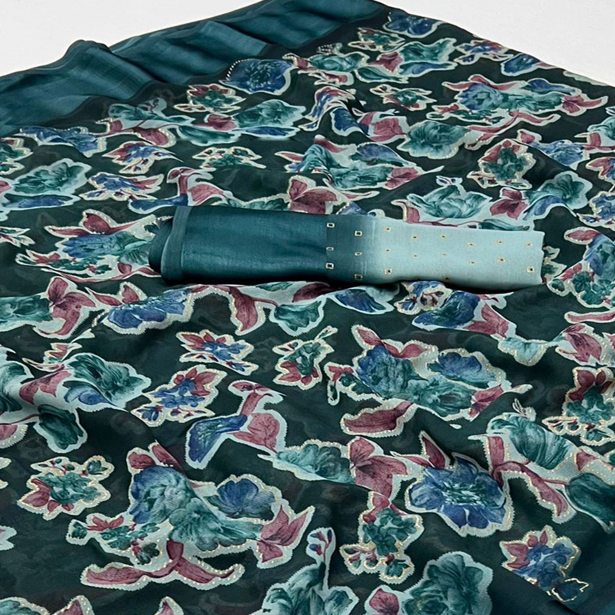 Teal Floral Foil Printed Cotton Silk Saree
