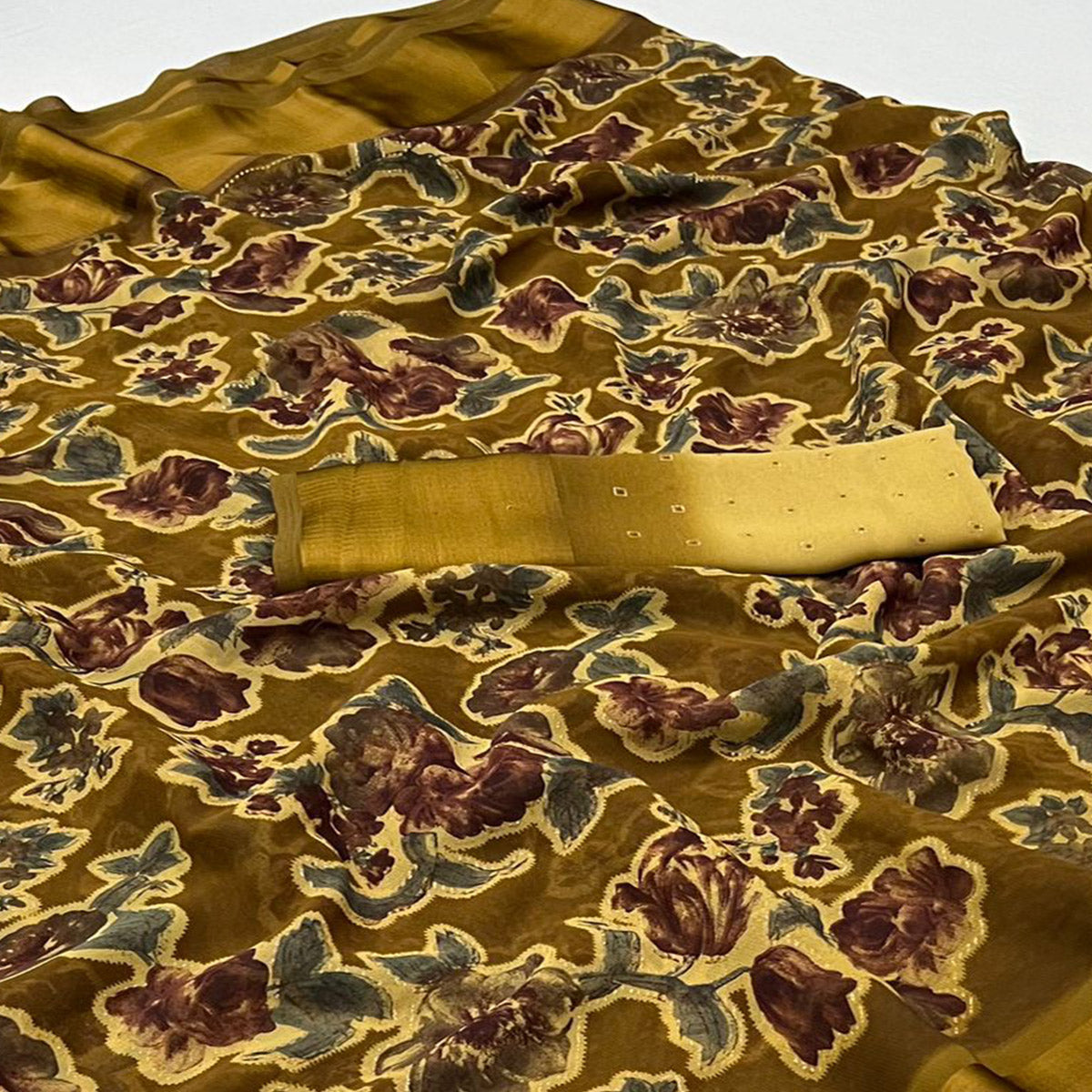 Olive Floral Foil Printed Cotton Silk Saree