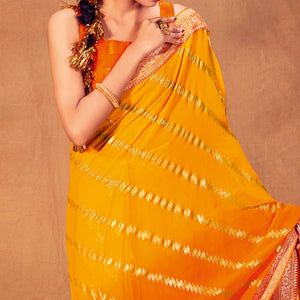 Yellow & Orange Foil Printed Georgette Saree