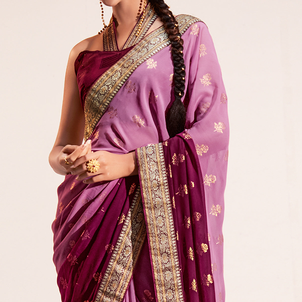 Pink & Wine Foil Printed Georgette Saree