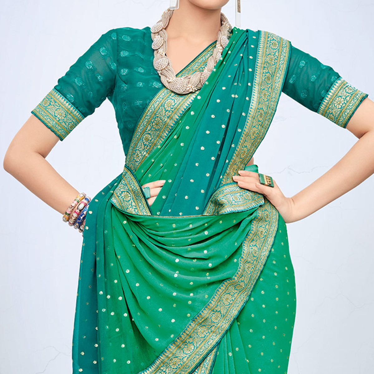 Sea Green & Teal Foil Printed Georgette Saree