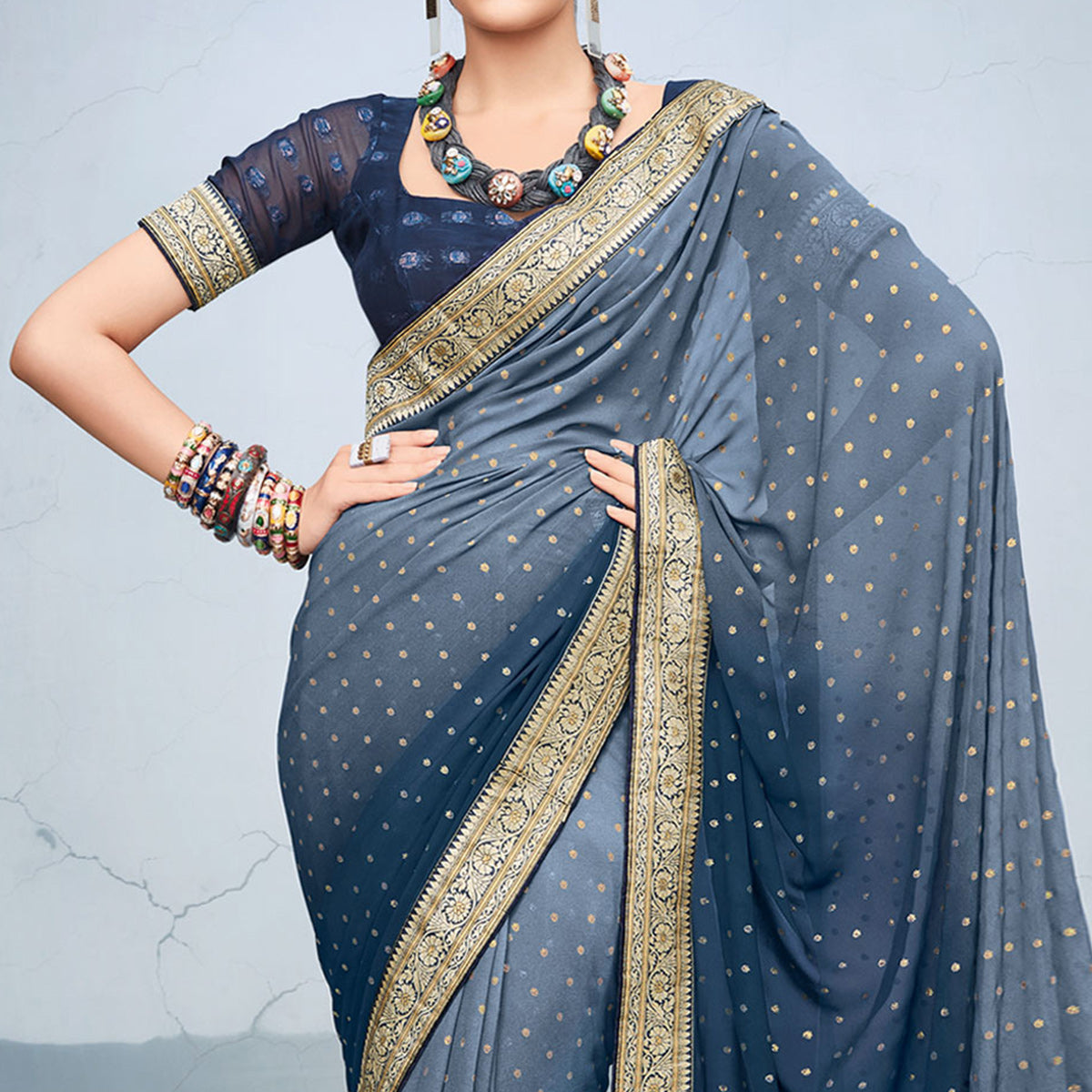 Grey & Blue Foil Printed Georgette Saree