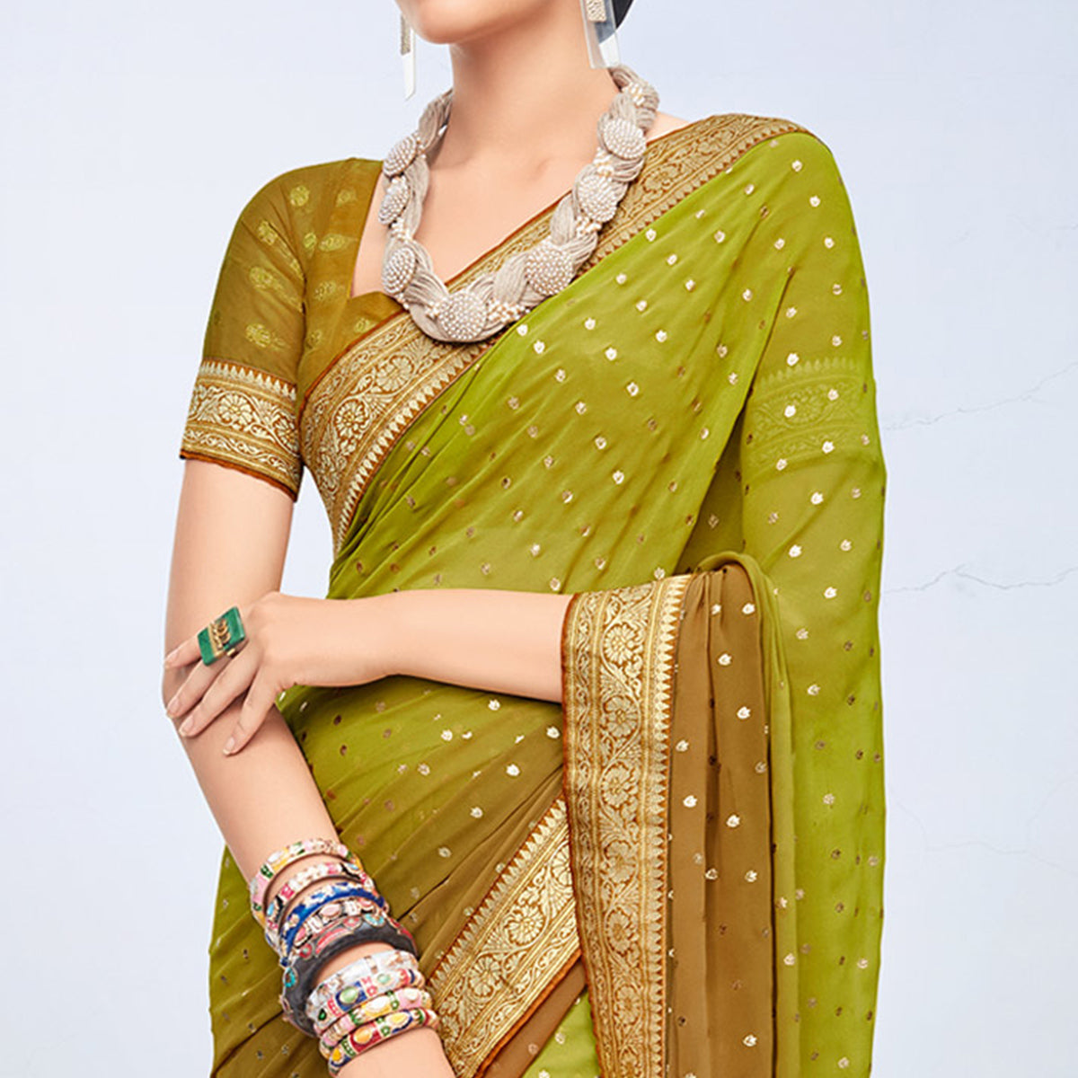 Green & Brown Foil Printed Georgette Saree