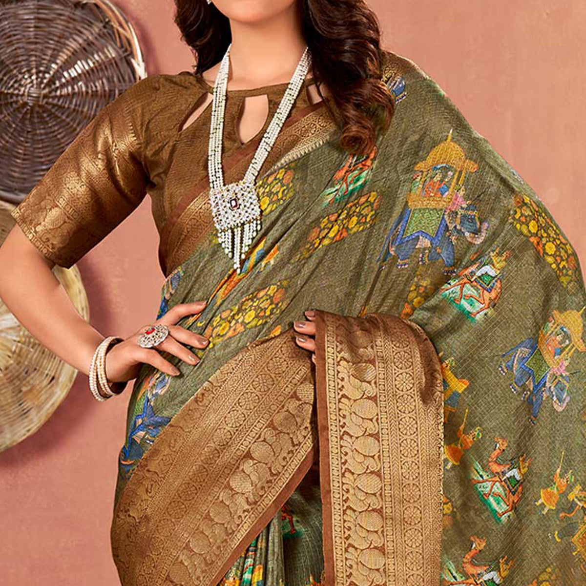 Olive & Brown Printed With Woven Border Kota Doria Saree