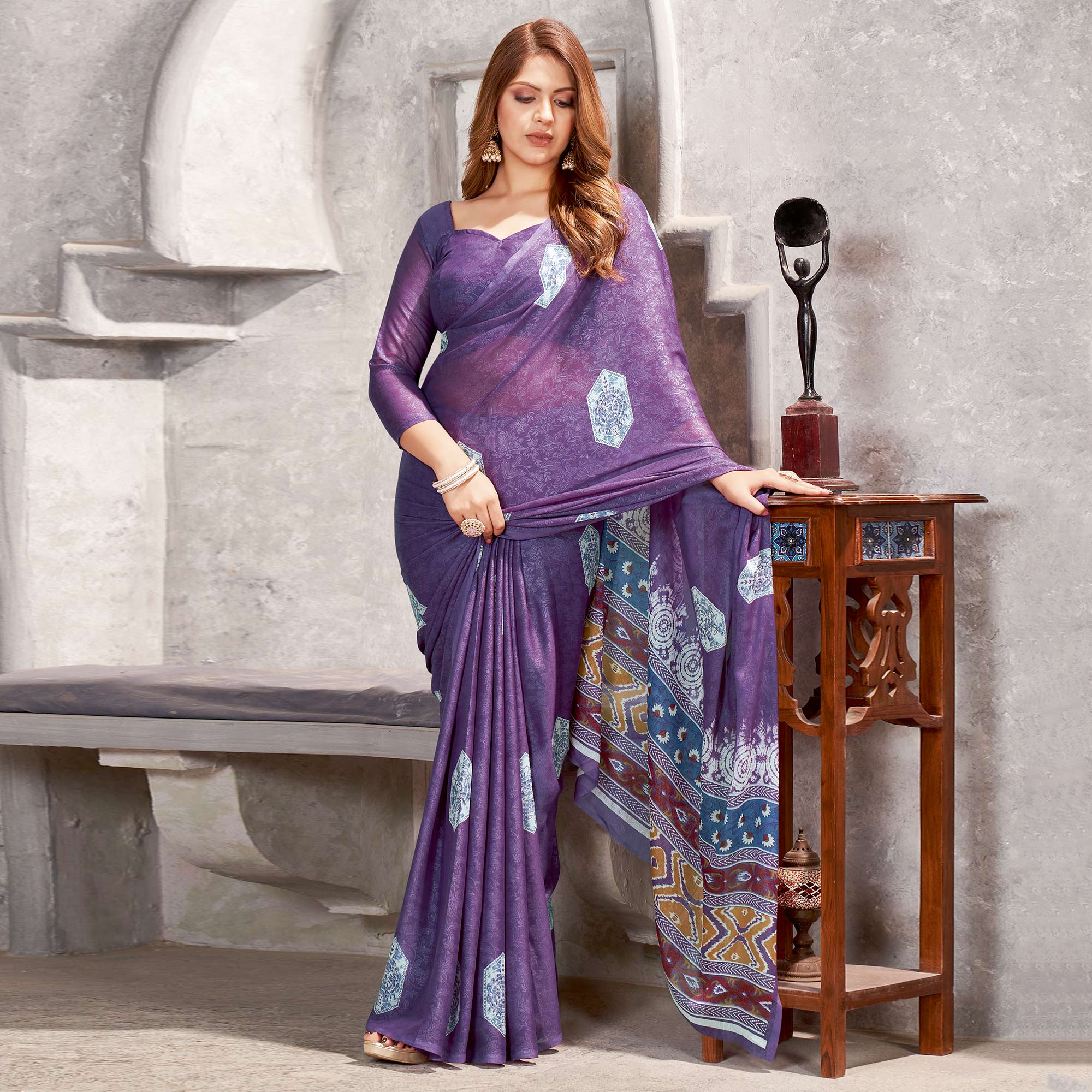 Purple Floral Printed Chiffon Saree