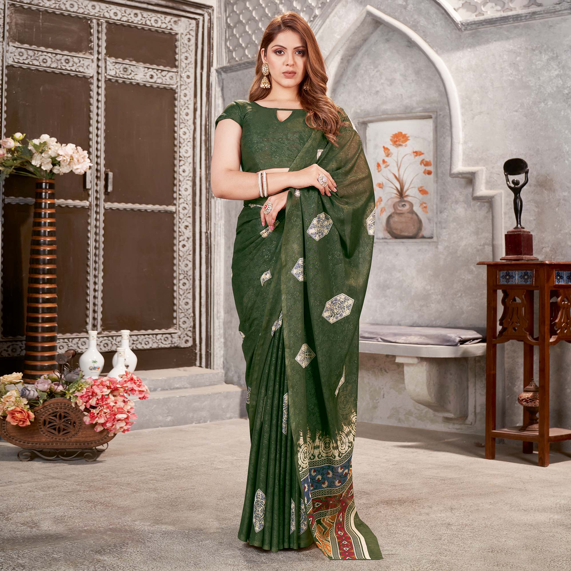 Green Floral Printed Chiffon Saree