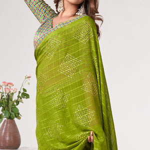 Green Printed Georgette Saree With Lace Work