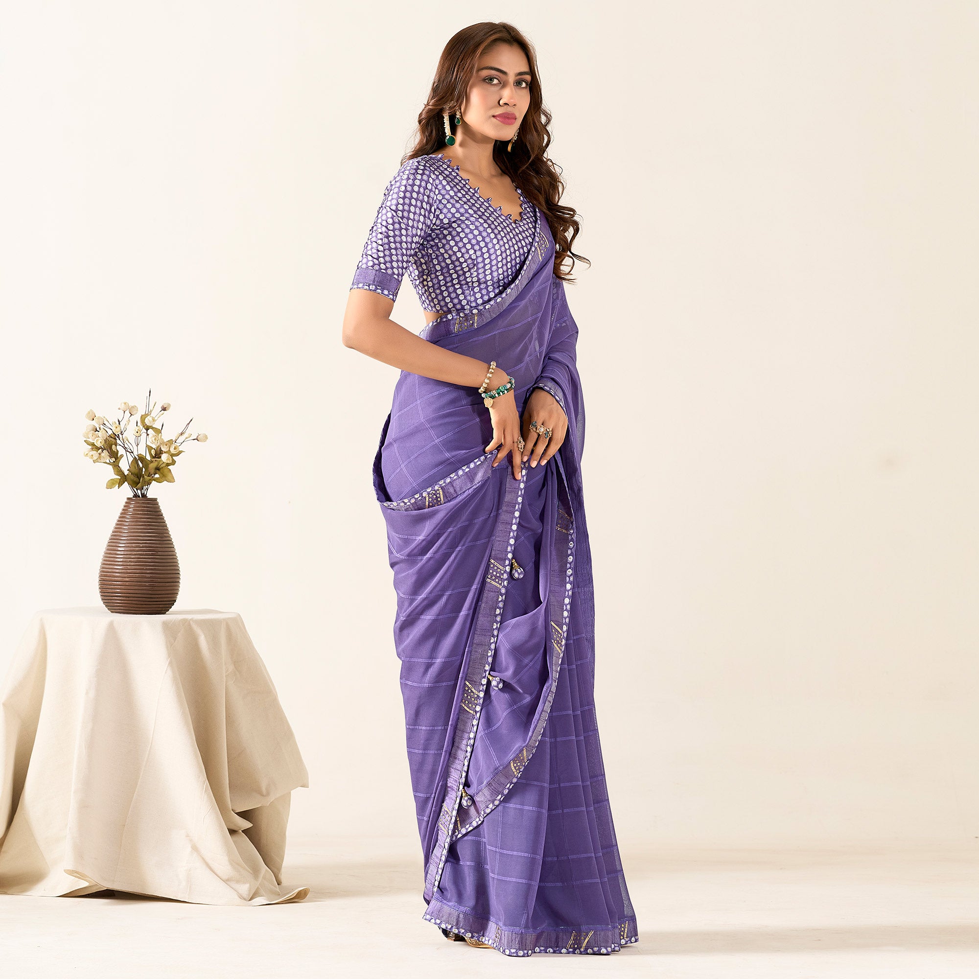 Purple Printed With Woven Georgette Saree With Tassels