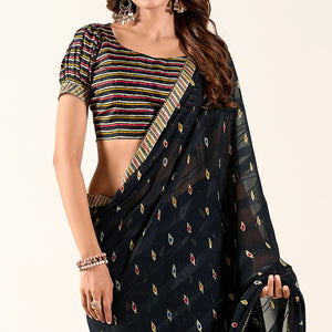Black Printed With Woven Georgette Saree With Tassels