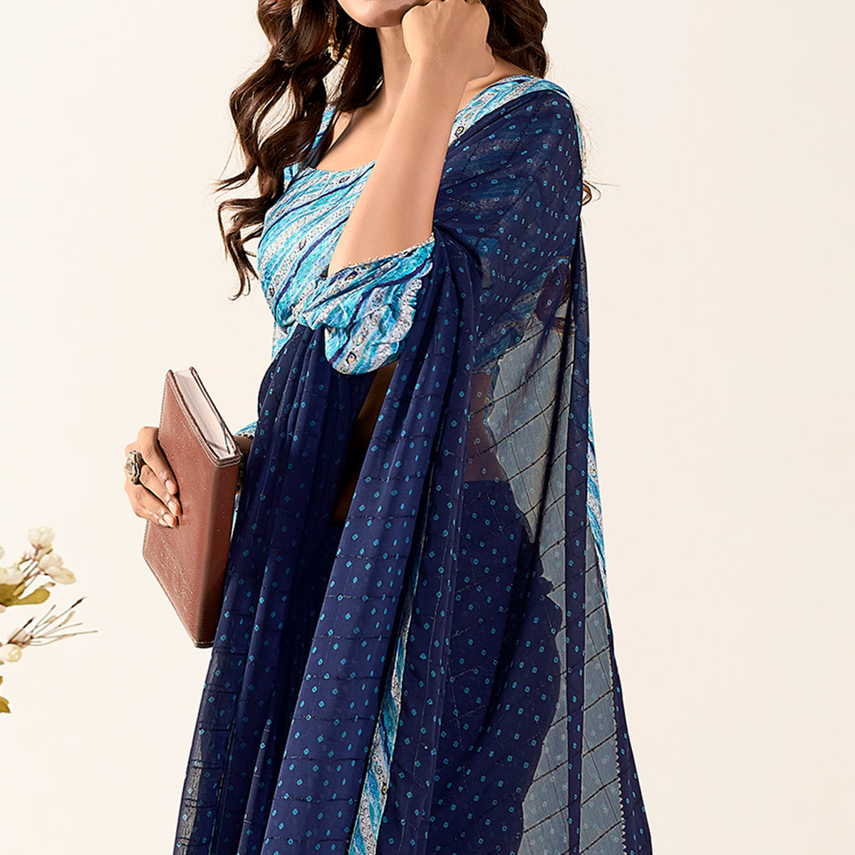 Blue Printed With Woven Georgette Saree With Tassels