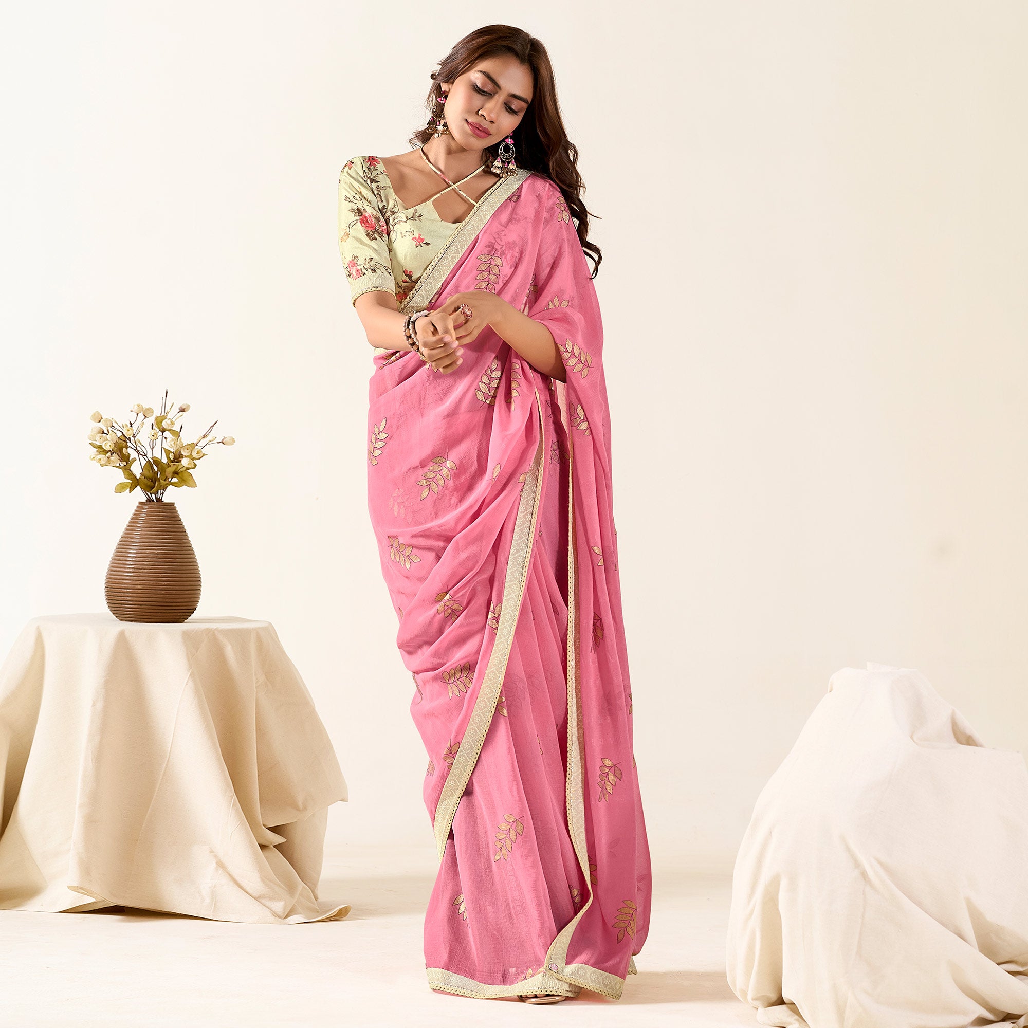 Pink Printed With Woven Georgette Saree With Tassels