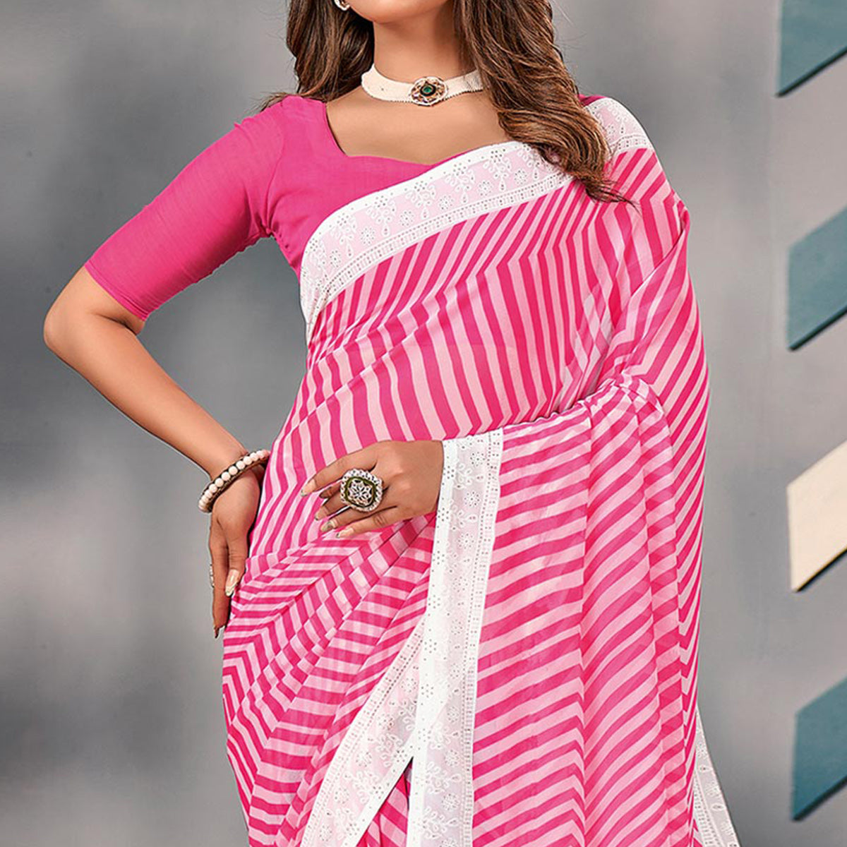 Pink Striped Printed Georgette Saree