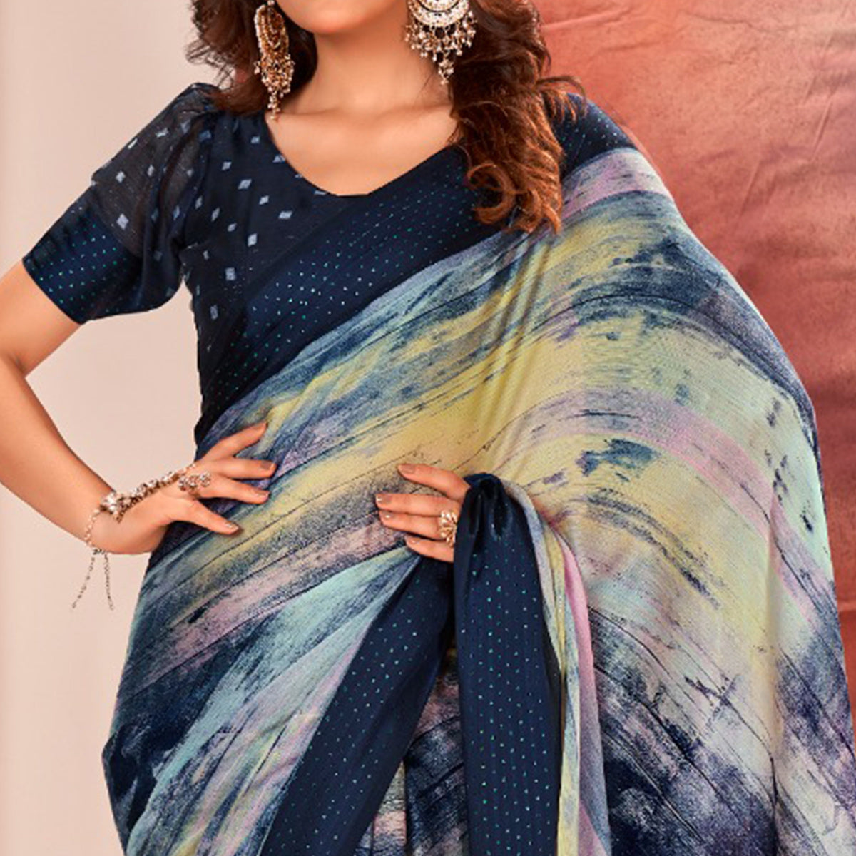 Navy Blue Ombre Printed Chiffon Saree With Satin Zari Border