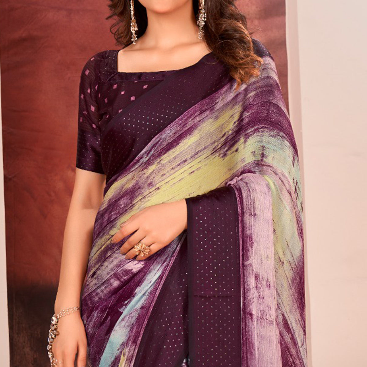 Wine Ombre Printed Chiffon Saree With Satin Zari Border