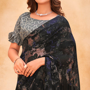 Black Floral Printed Georgette Saree With Tassels
