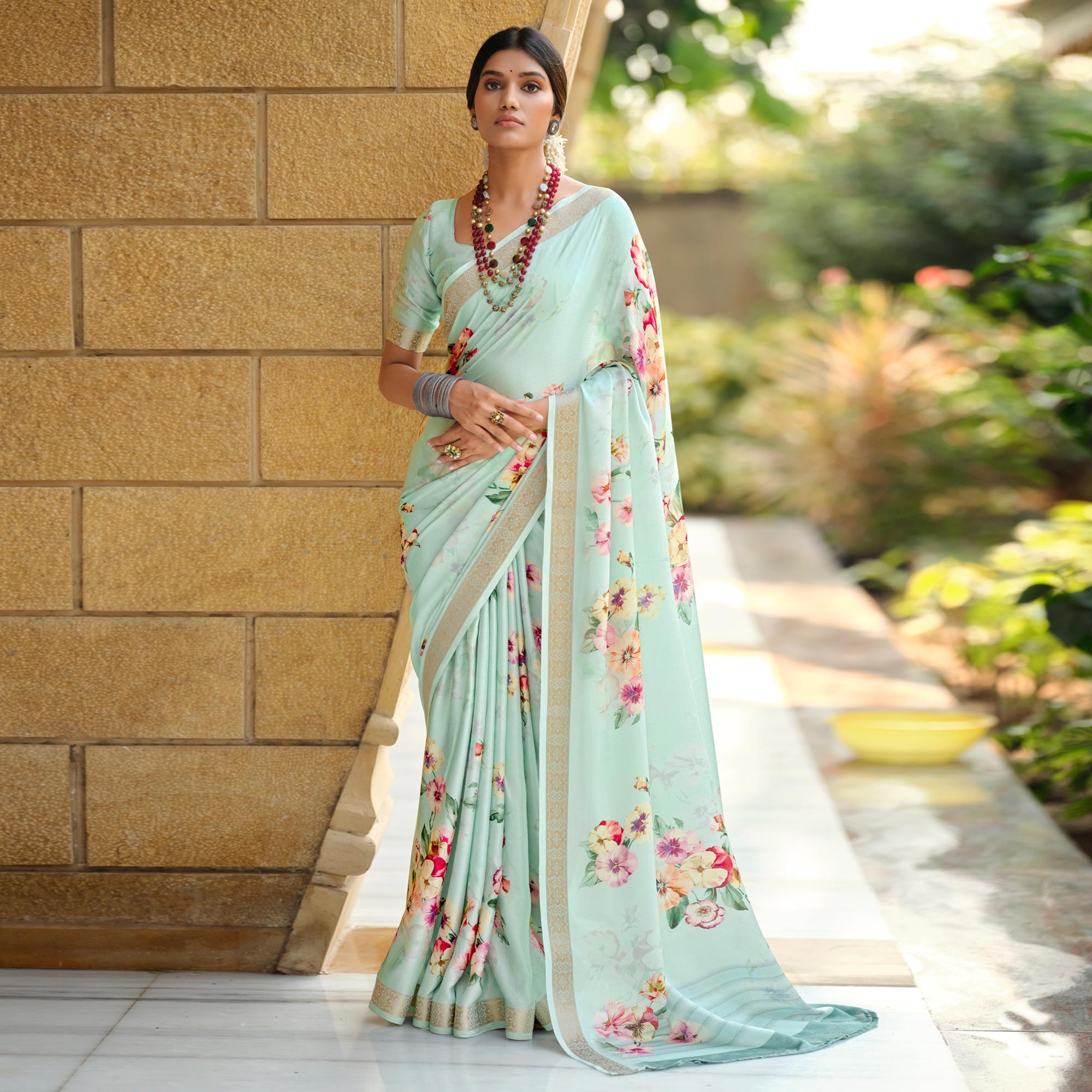 Sea Green Floral Digital Printed Viscose Saree With Zari Border
