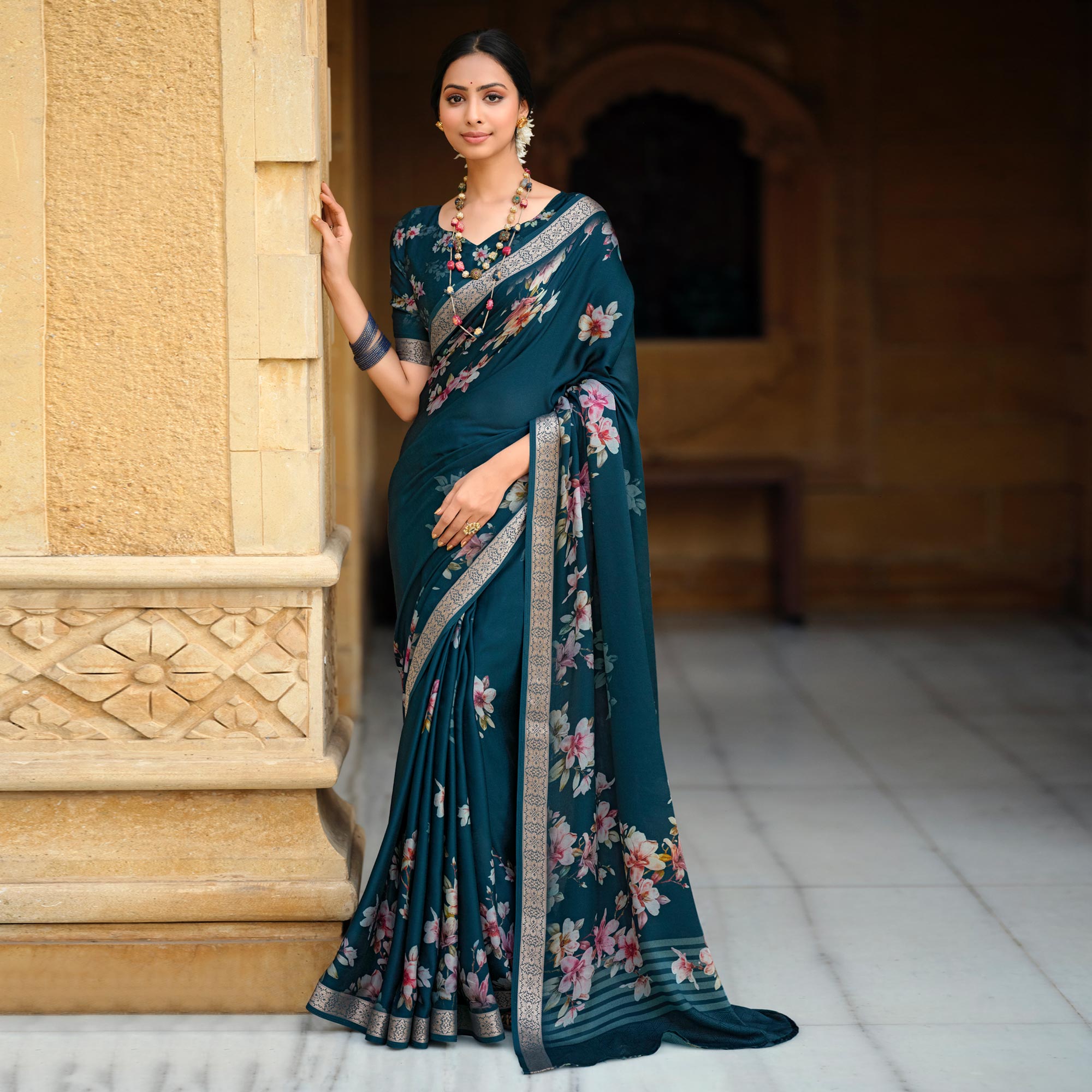 Teal Floral Digital Printed Viscose Saree With Zari Border