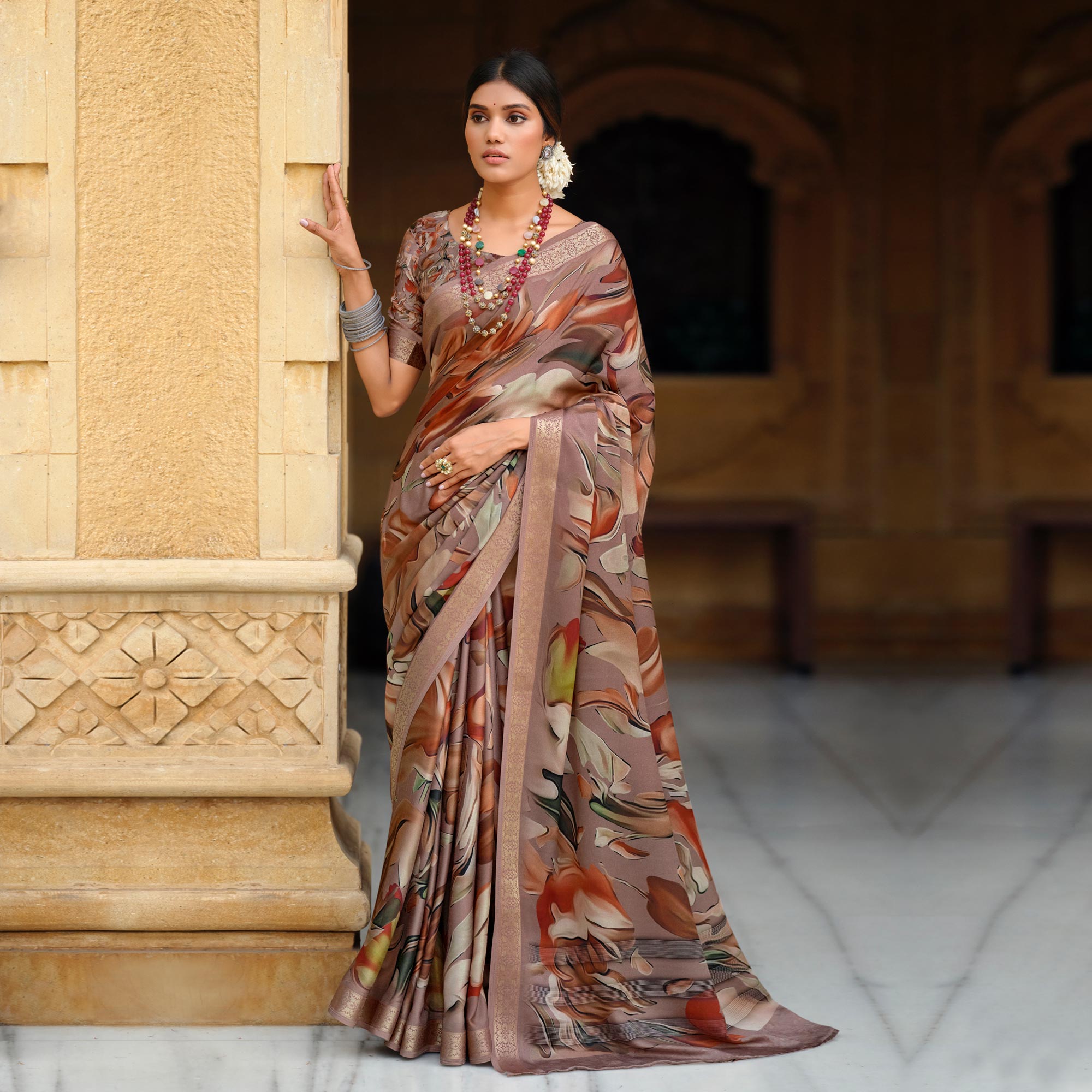 Rosy Brown Floral Digital Printed Viscose Saree With Zari Border